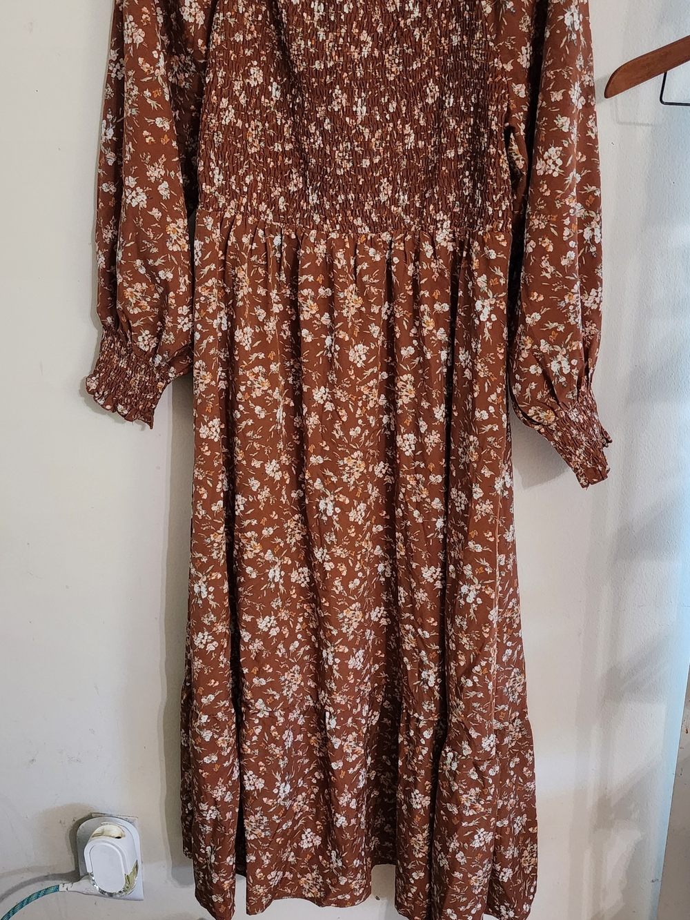 Smocked Waist Brown Floral Midi Dress